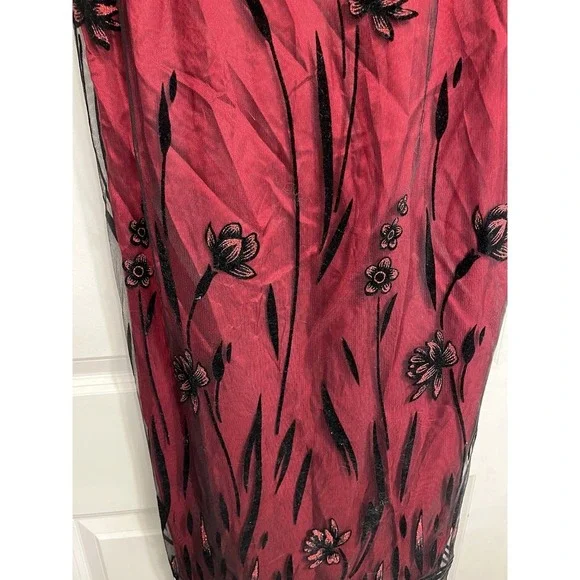 90s red dress with black mesh overlay Vintage Women's 90s Black Red Gold Metallic Sparkle Botanical Floral Print  Sleeveless All That Jazz Spandex Bodycon Maxi Party Dress XS